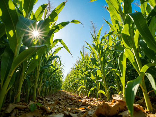 肯尼亚玉米种植基地，绿色玉米田整齐排列，远处有技术人员操作设备